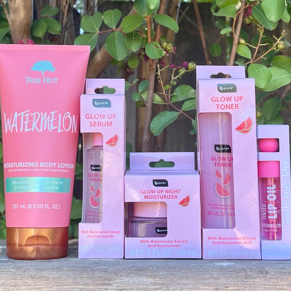 B-Pure Glow Up Skin Care, Lip Oil & Tree Hut Watermelon Body Lotion 5 pc Set